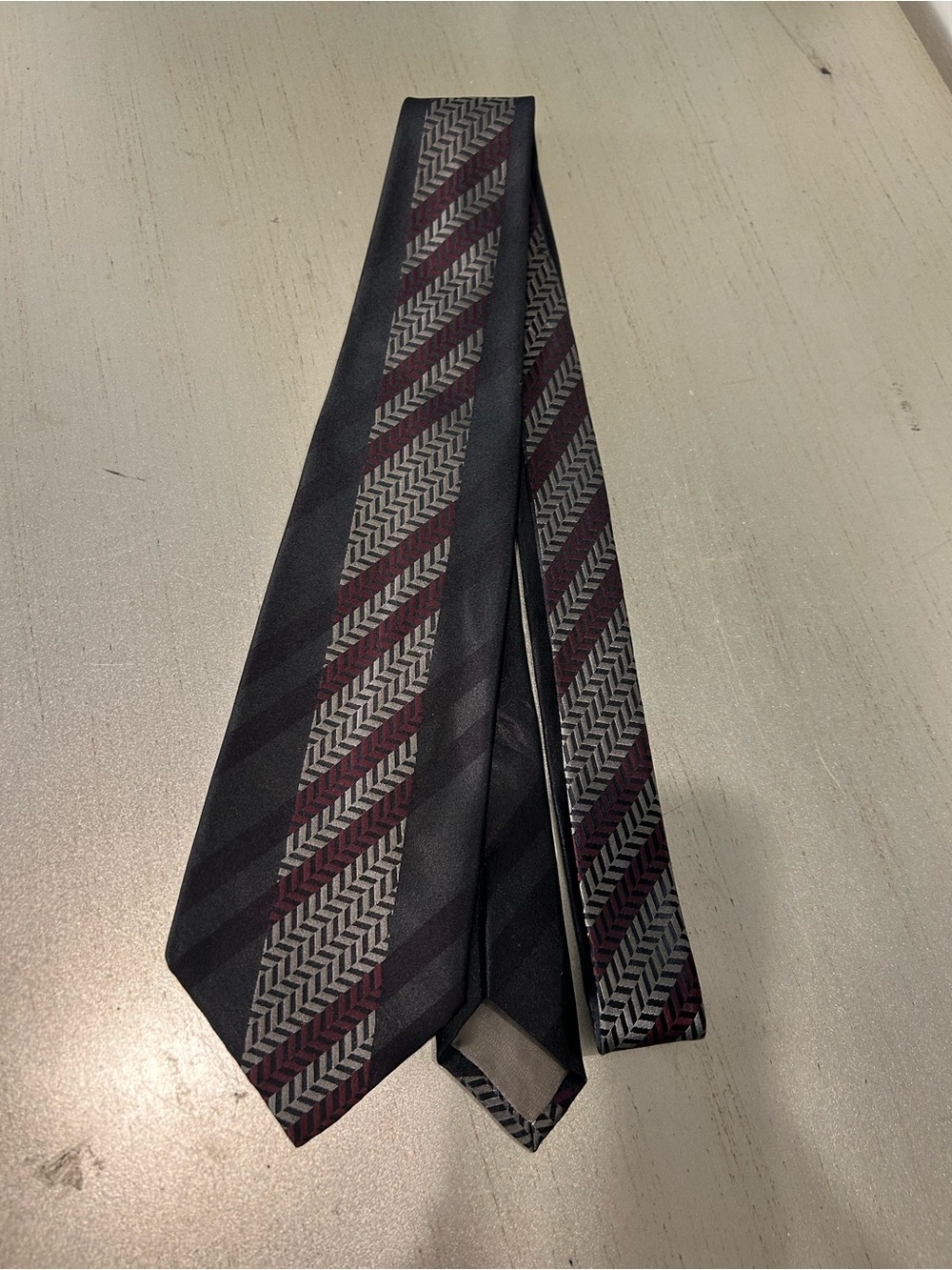 Giorgio Armani Black Tie with Burgundy & Gray Chevron Stripes